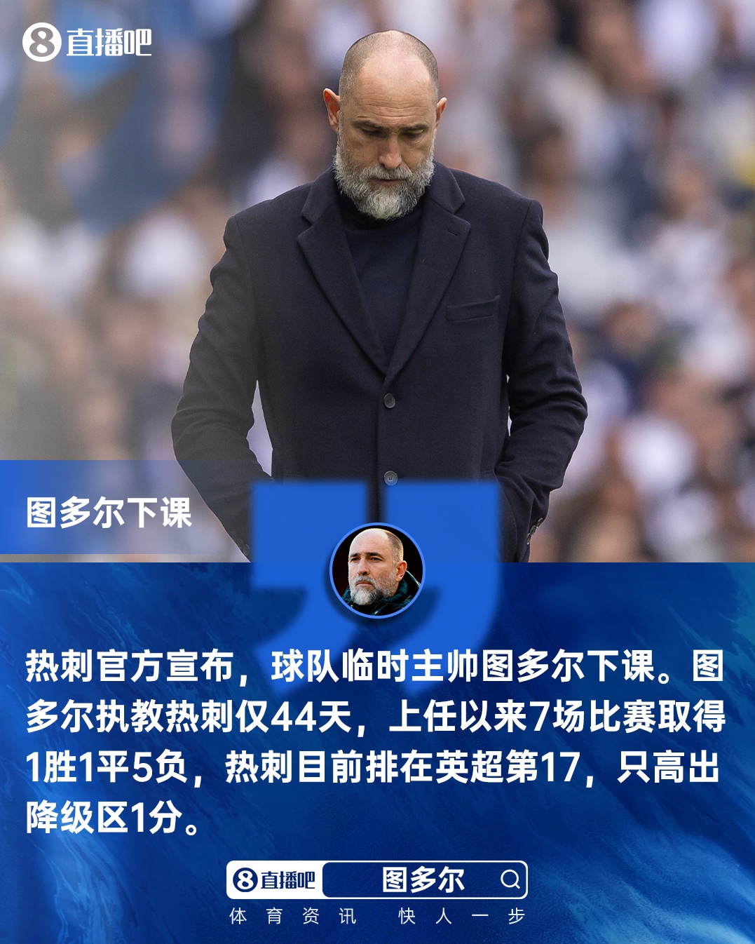 熱刺官宣圖多爾下課 六周七戰(zhàn)僅一勝 保級警報(bào)拉響