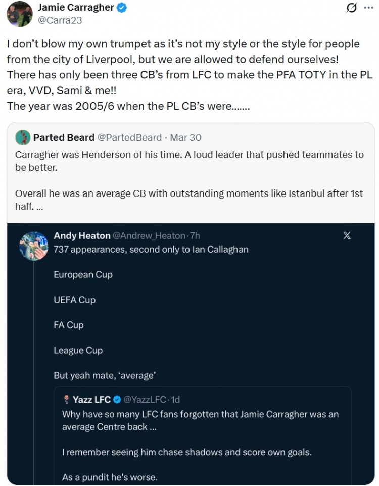 卡拉格回擊平庸論 曬PFA最佳陣含金量