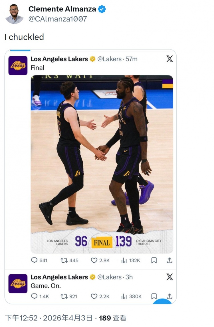 湖人官推沉默2.5小時(shí) 雷霆記者曬截圖暗諷