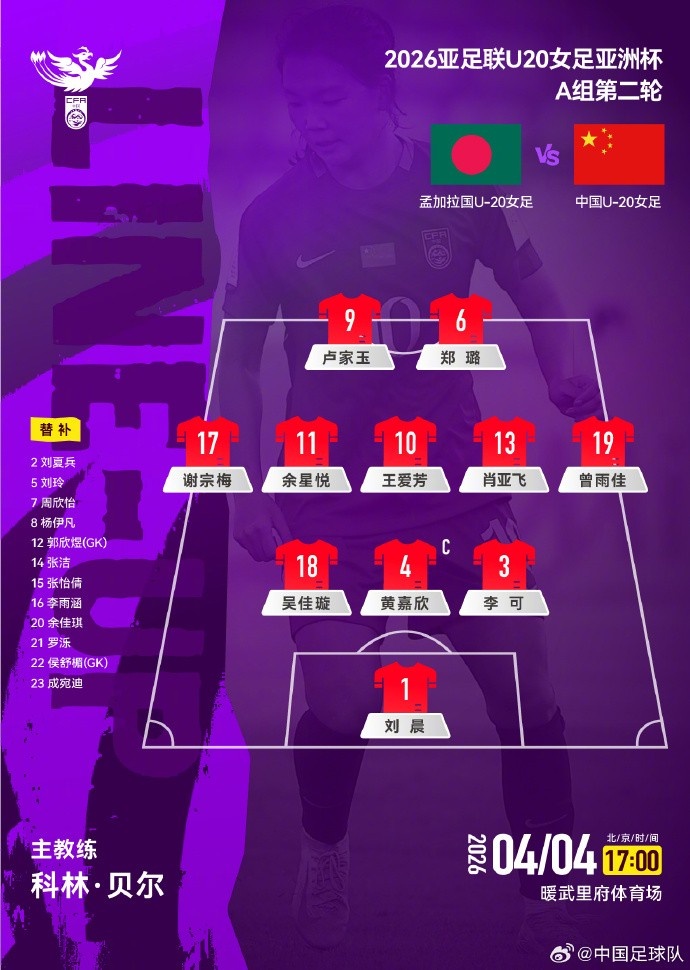 U20女足亞洲杯次輪首發(fā)公布 王愛芳領銜中場 盧家玉鄭璐雙箭頭